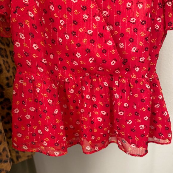 Madewell Red Floral Print Blouse / Tiered-Sleeve Peplum Top - Picture 6 of 7